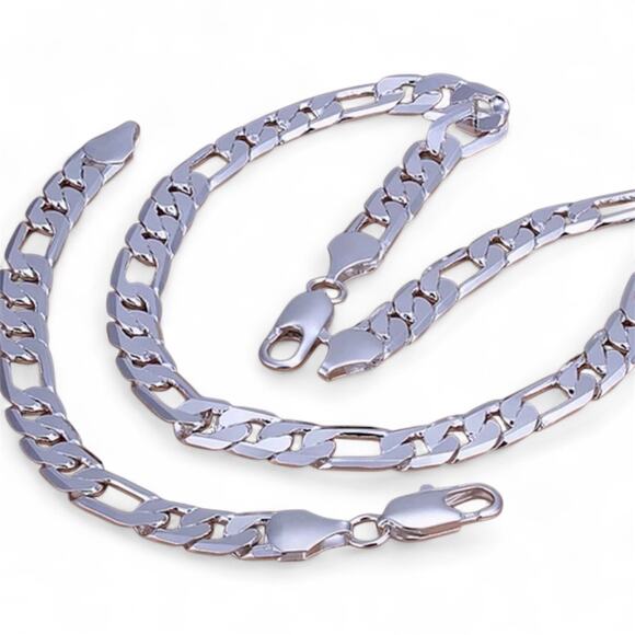 925 Stamped Silver-Color Figaro Chain Set 12MM 22" Necklace & 8" Bracelet - Picture 9 of 9